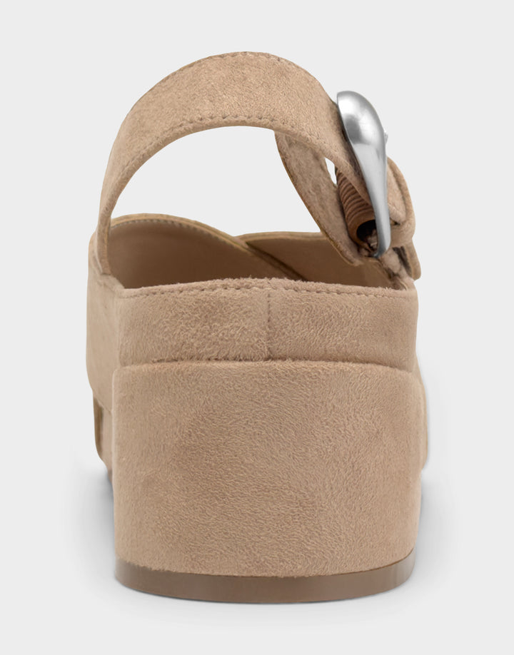 Comfortable Women's Heeled Sandal in Natural Faux Suede Back View