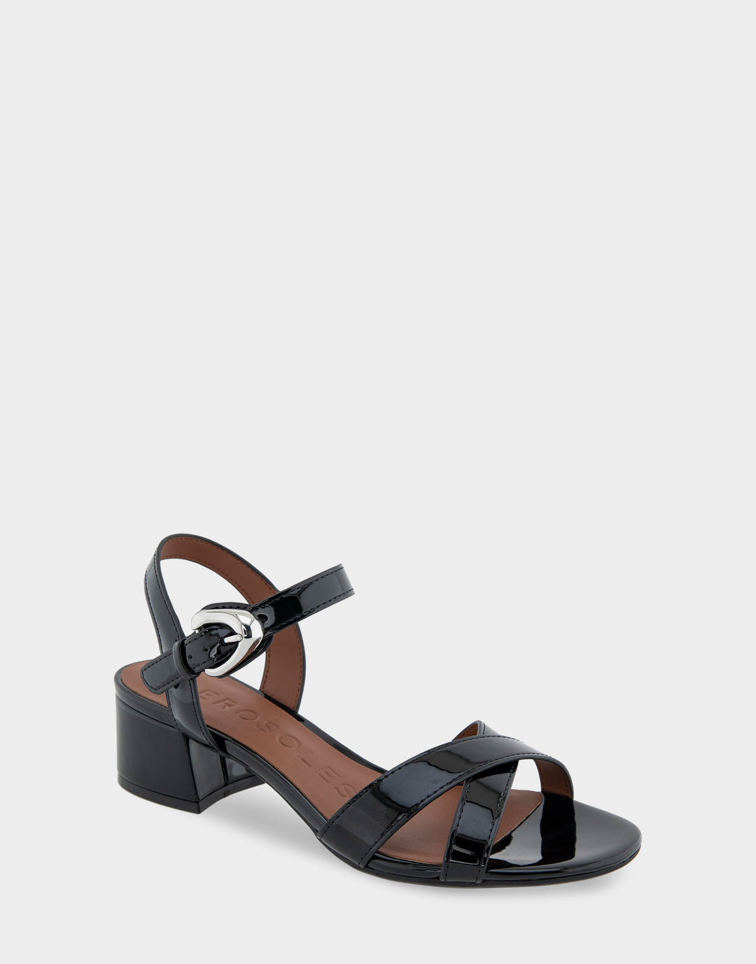 Comfortable Women's Dress Sandals in Black Patent Faux Leather Side Angle View