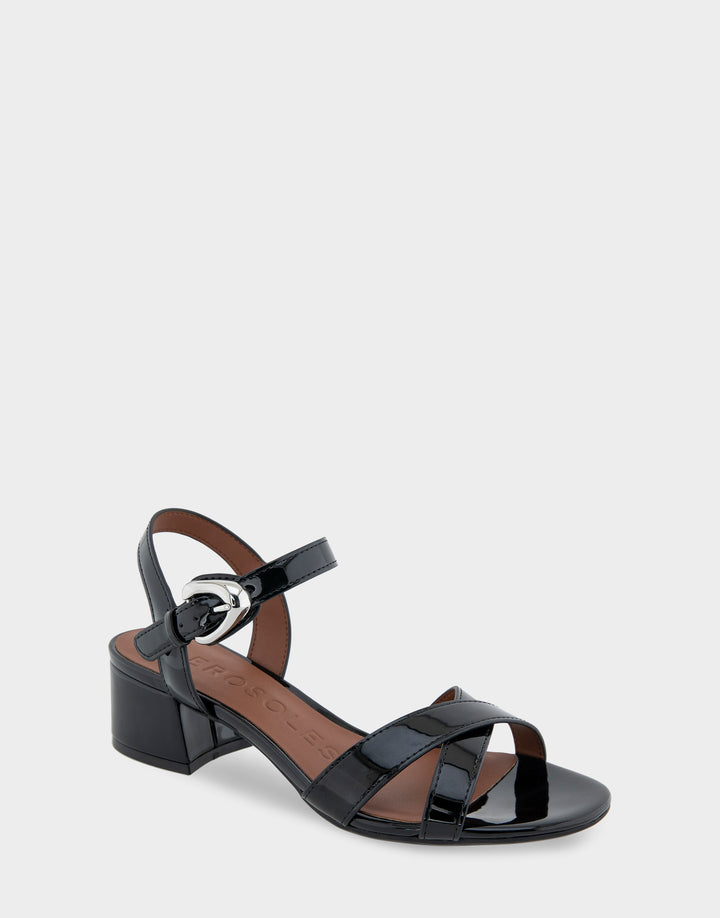 Comfortable Women's Dress Sandals in Black Patent Faux Leather Side Angle View