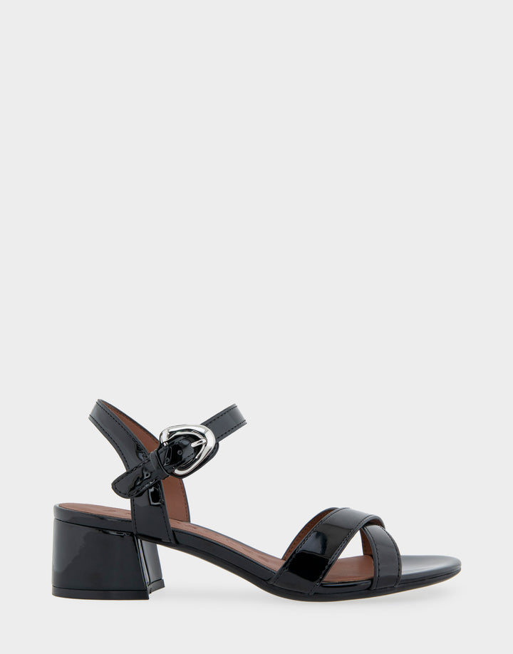 Comfortable Women's Dress Sandals in Black Patent Faux Leather Side View