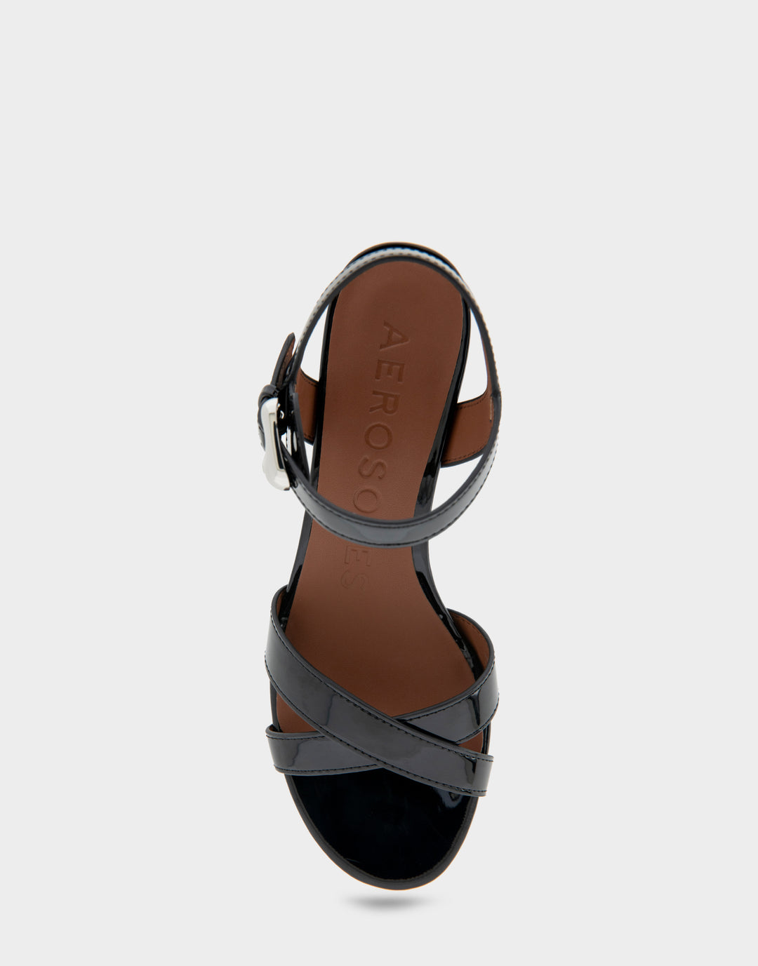 Comfortable Women's Dress Sandals in Black Patent Faux Leather Full Front View