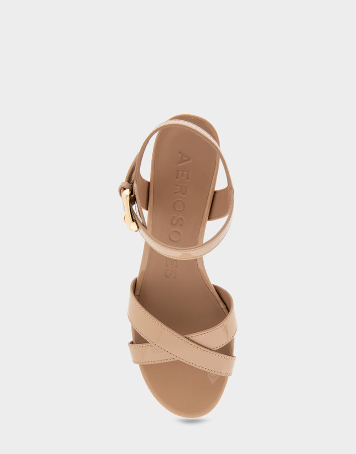 Women's Dress Sandals in Beige Bisque Patent Faux Leather Full Front View