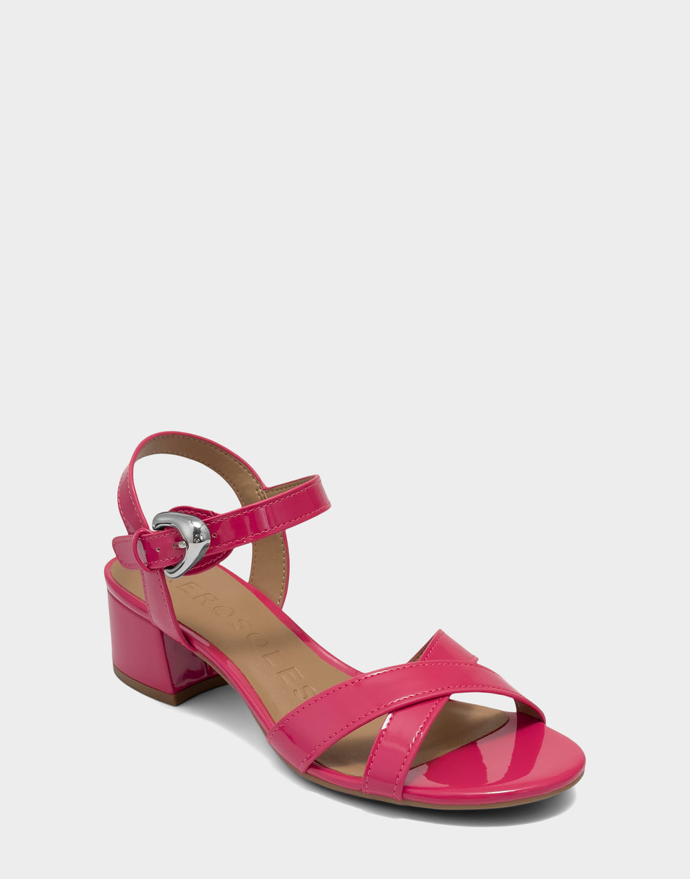 Comfortable Women's Low Heeled Sandal in Pink Faux Patent Side Angle View