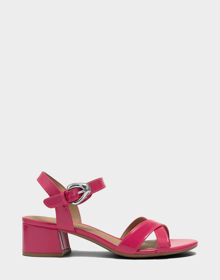 Comfortable Women's Low Heeled Sandal in Pink Faux Patent Side View