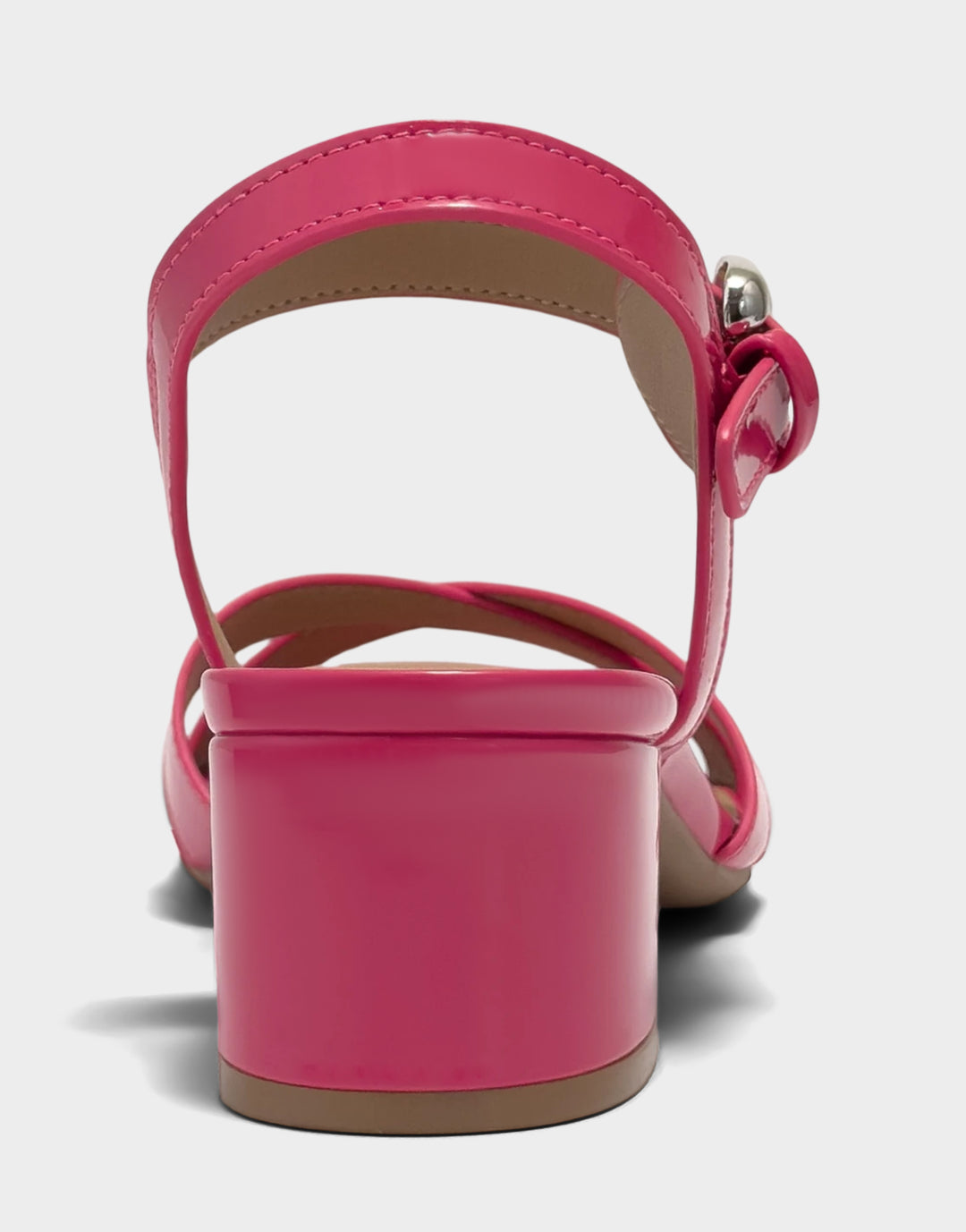Comfortable Women's Low Heeled Sandal in Pink Faux Patent Back View