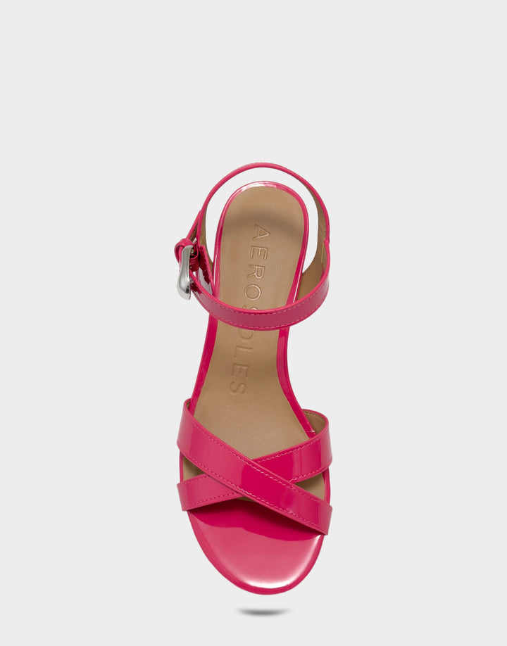 Comfortable Women's Low Heeled Sandal in Pink Faux Patent Full Front View