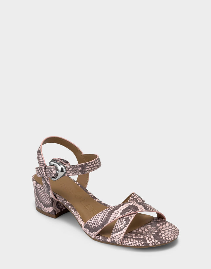 Comfortable Women's Heeled Sandal in Pink Faux Snake Print Leather Side Angle View