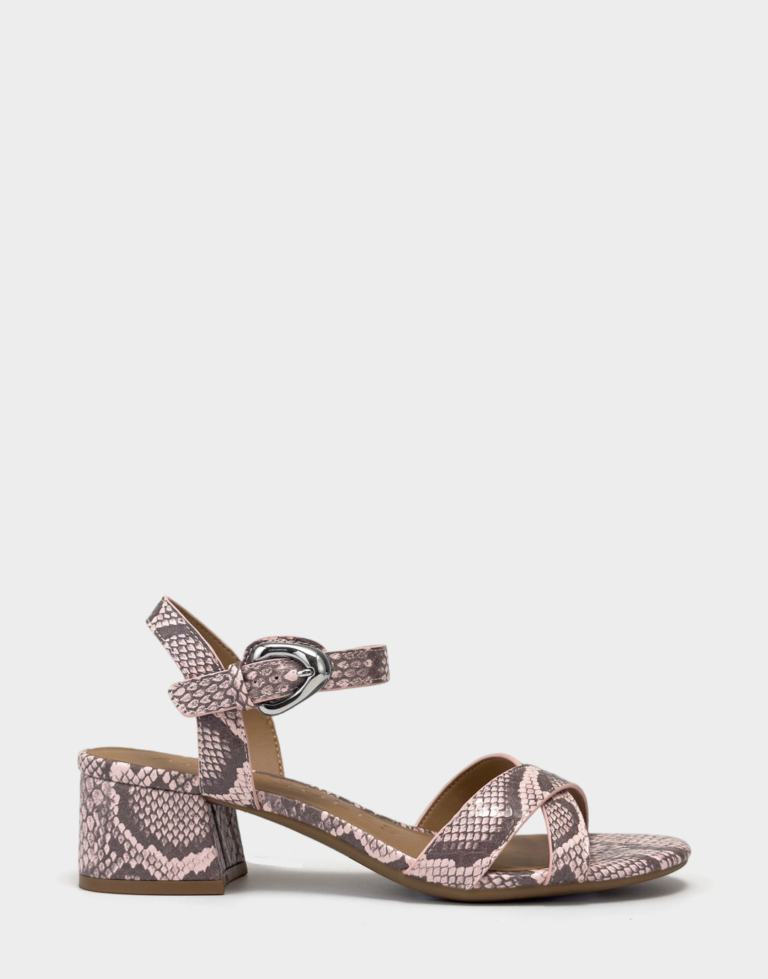 Comfortable Women's Heeled Sandal in Pink Faux Snake Print Leather Side View