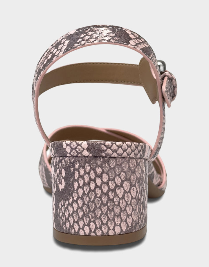 Comfortable Women's Heeled Sandal in Pink Faux Snake Print Leather Back View