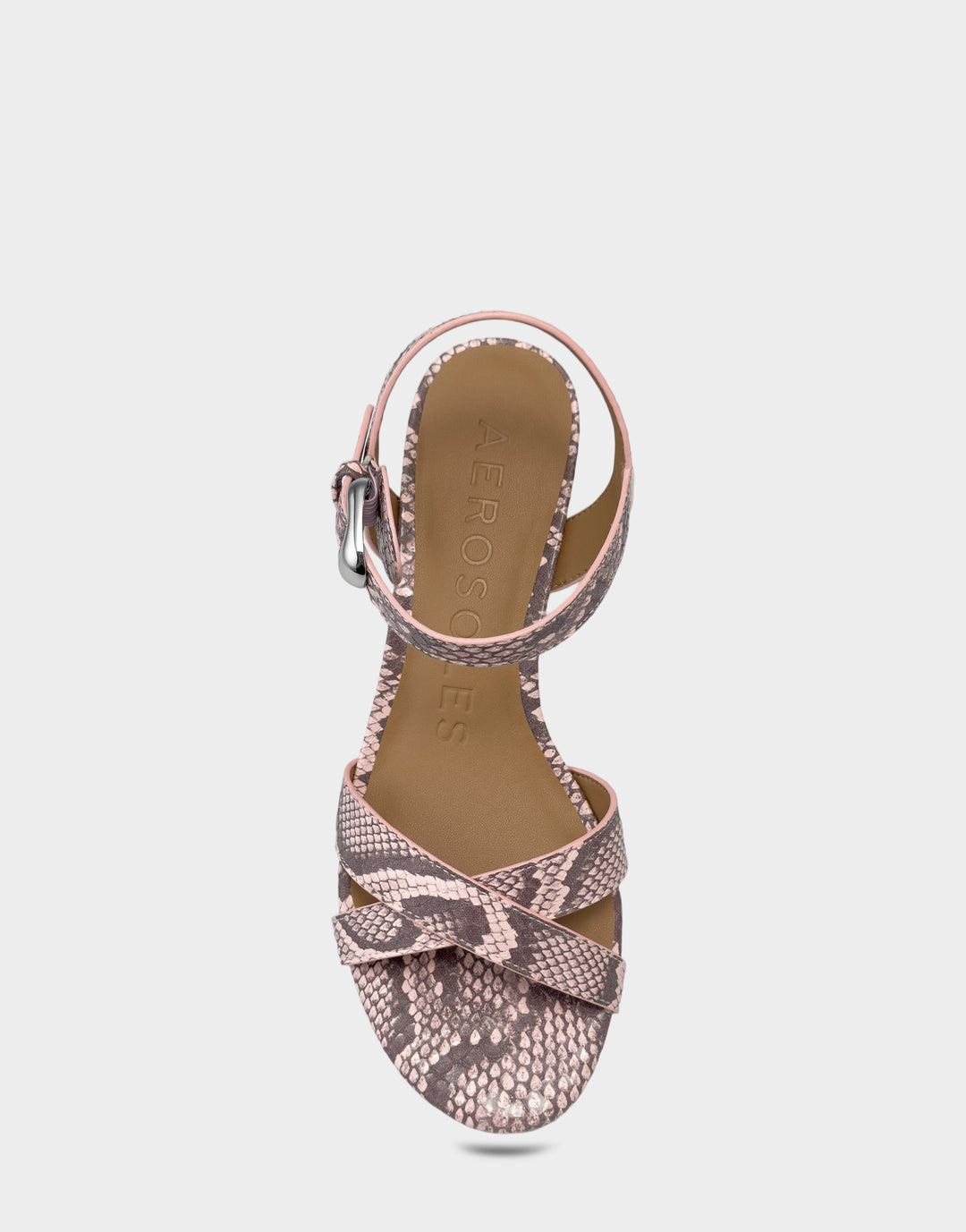 Comfortable Women's Heeled Sandal in Pink Faux Snake Print Leather Full Front View