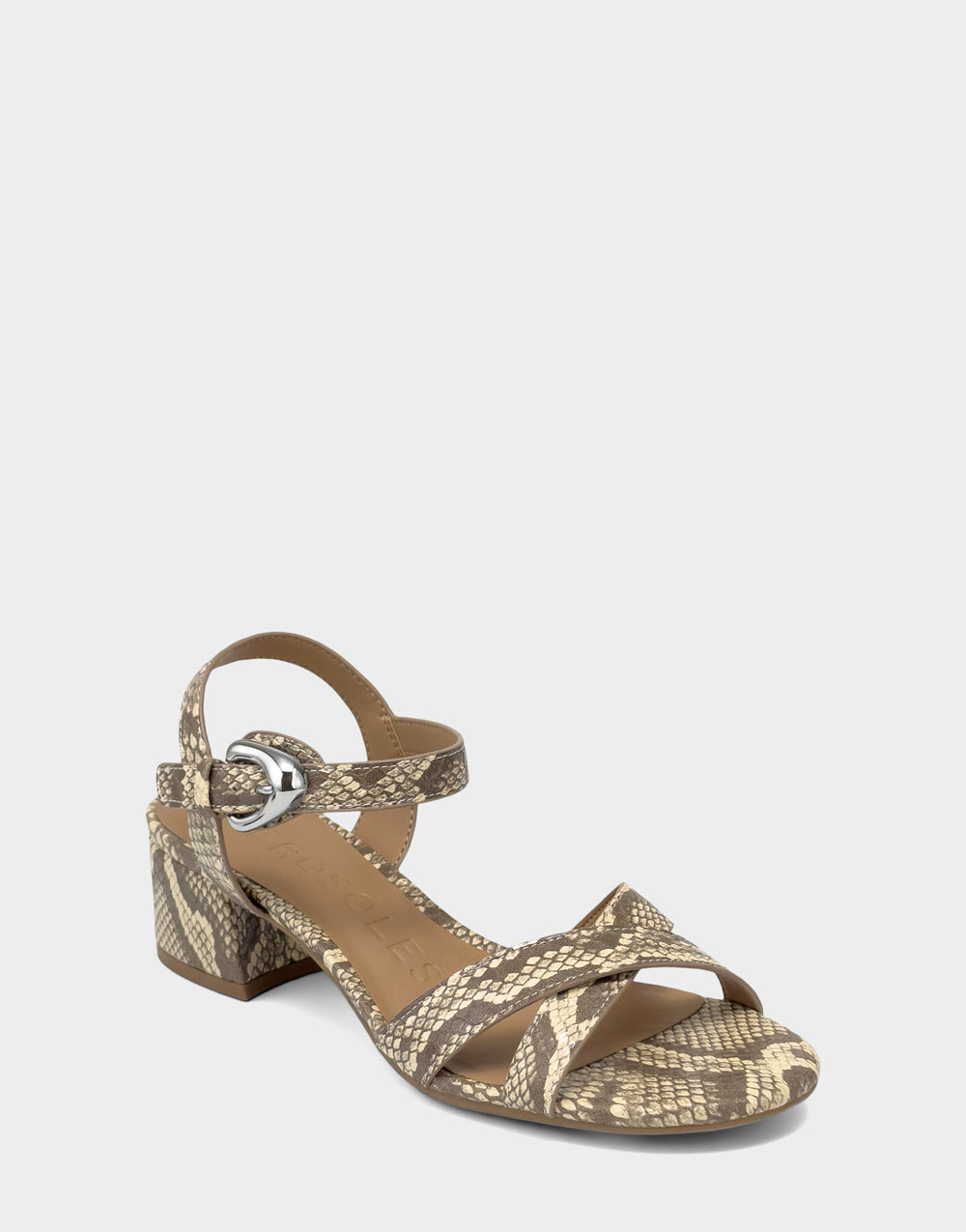 Comfortable Women's Heeled Sandal in Pale Yellow Faux Snake Print Faux Snake Print Leather Side Angle View
