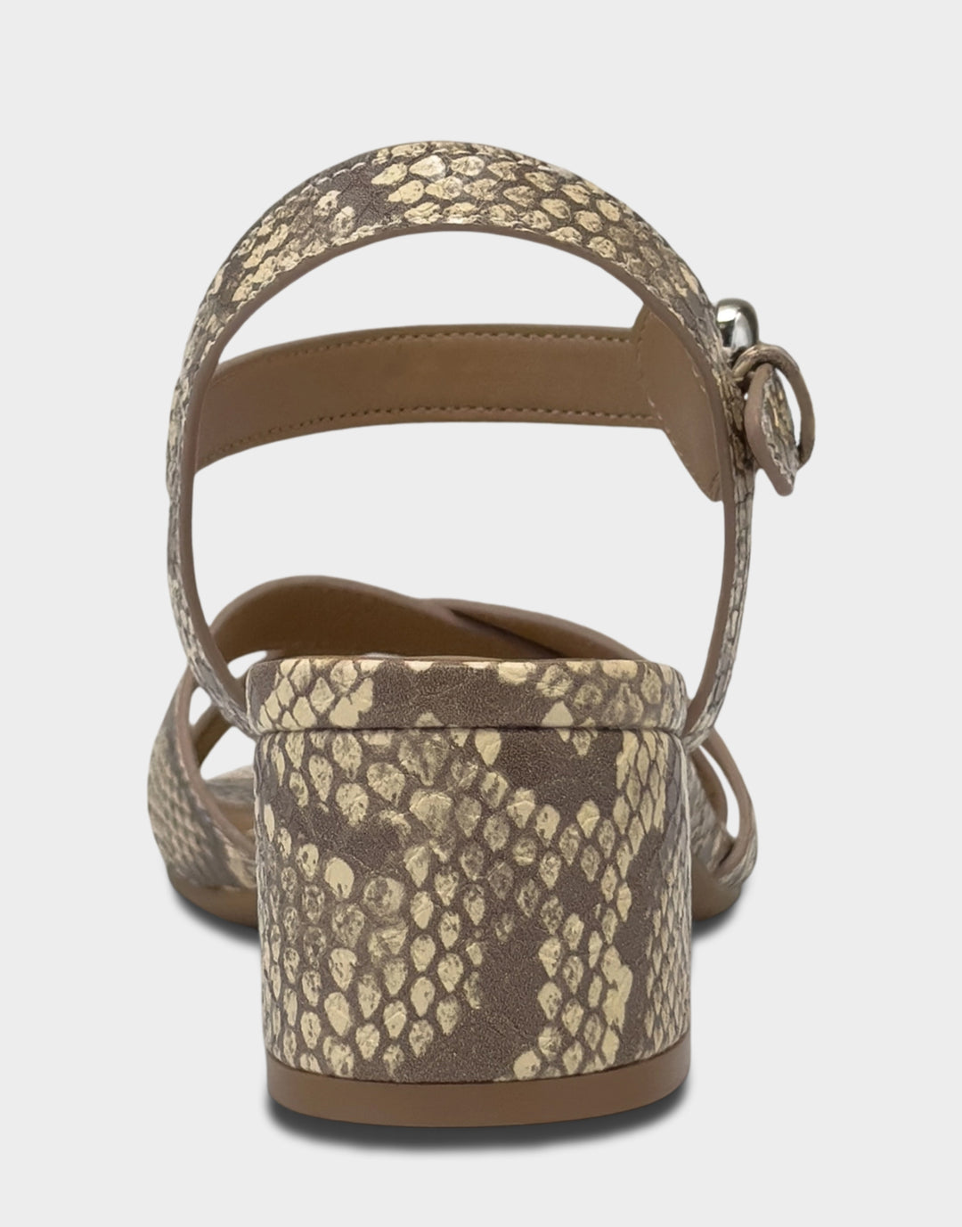 Comfortable Women's Heeled Sandal in Pale Yellow Faux Snake Print Faux Snake Print Leather Back View
