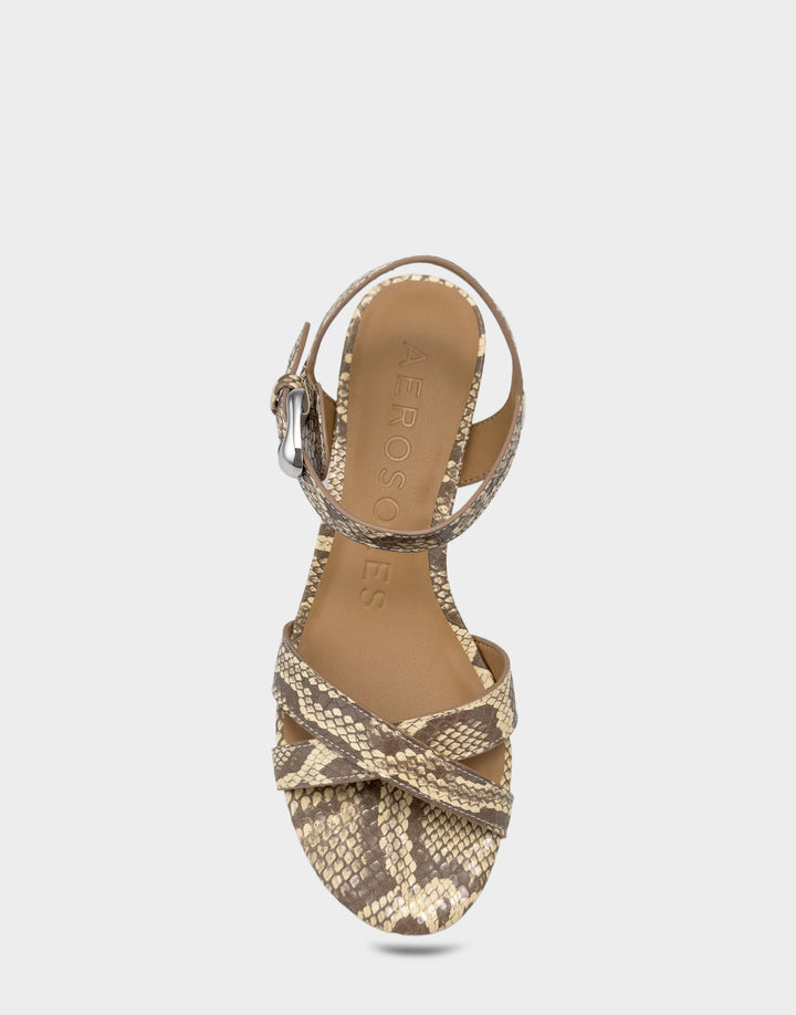 Comfortable Women's Heeled Sandal in Pale Yellow Faux Snake Print Faux Snake Print Leather Full Front View