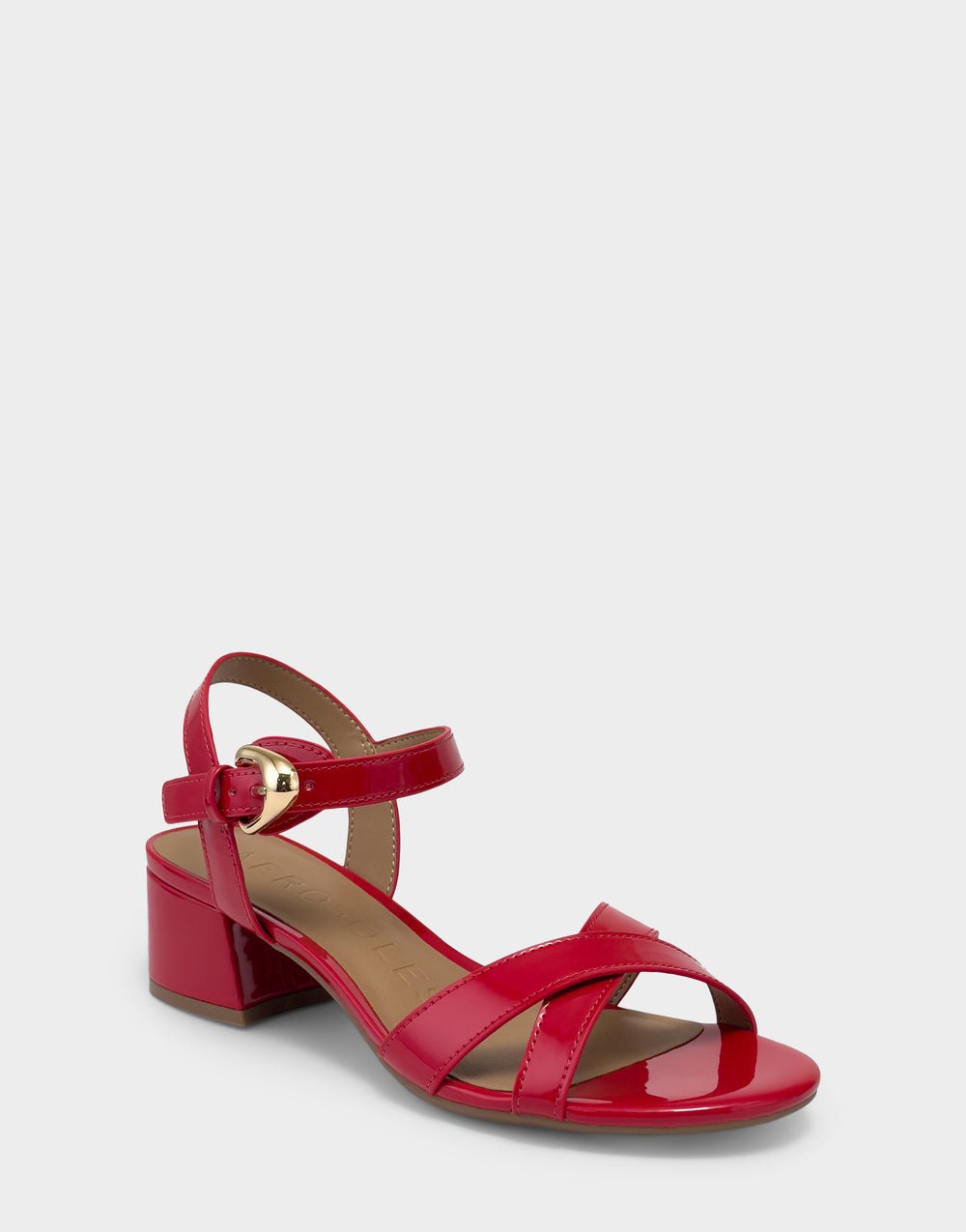 Comfortable Women's Low Heeled Sandal in Red Faux Patent Side Angle View