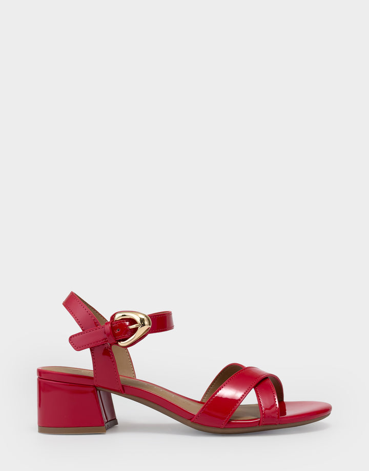 Comfortable Women's Low Heeled Sandal in Red Faux Patent Side View