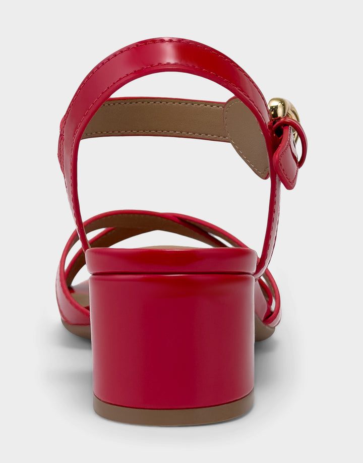 Comfortable Women's Low Heeled Sandal in Red Faux Patent Back View