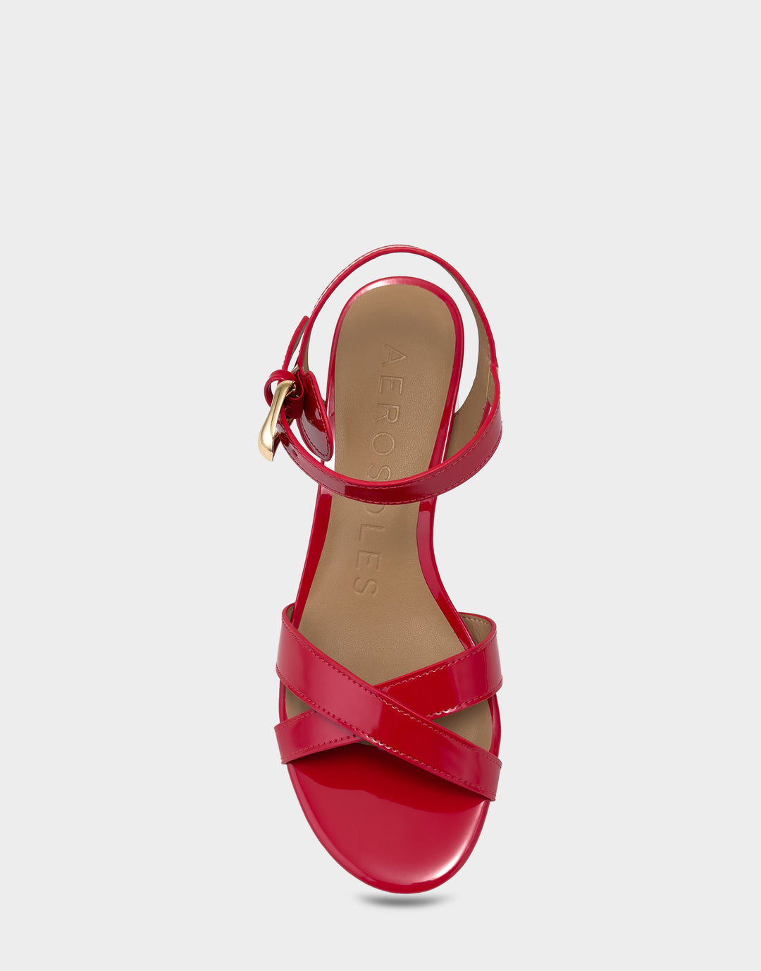 Comfortable Women's Low Heeled Sandal in Red Faux Patent Full Front View