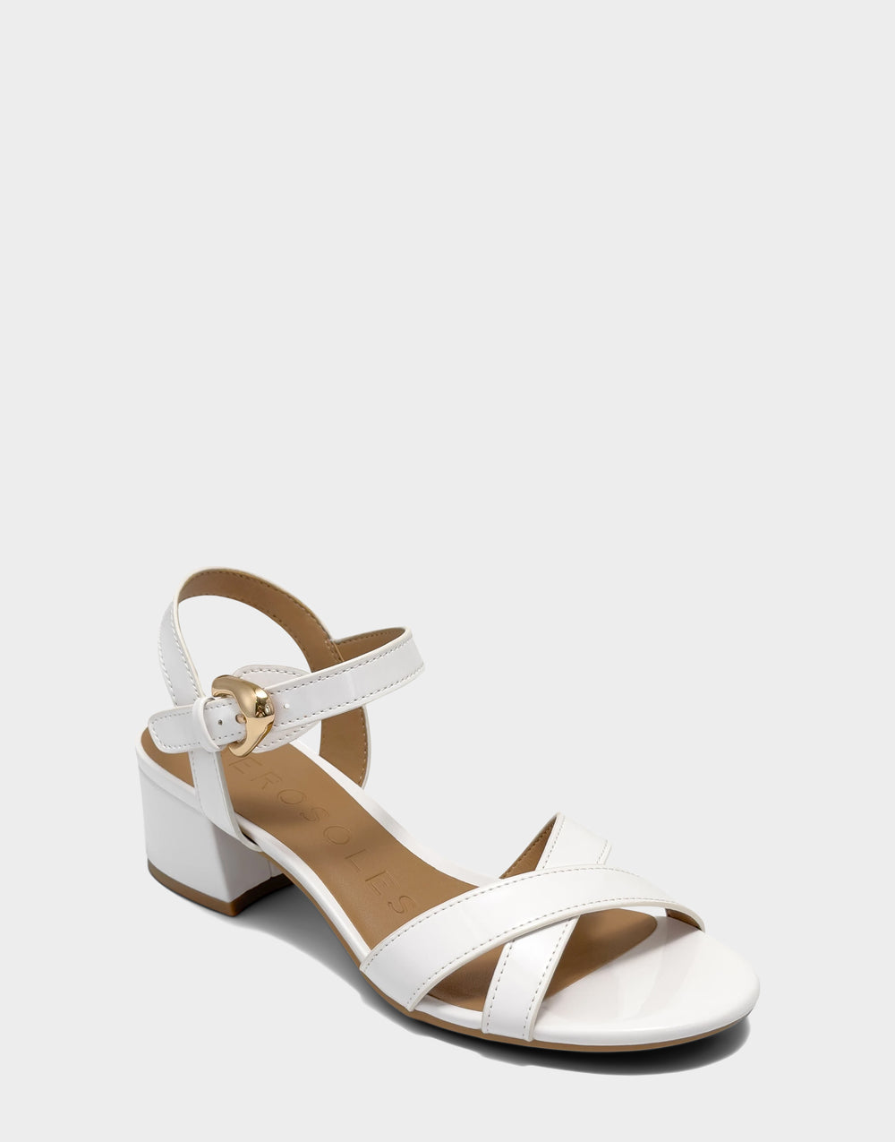 Comfortable Women's Low Heeled Sandal in White Faux Patent Side Angle View