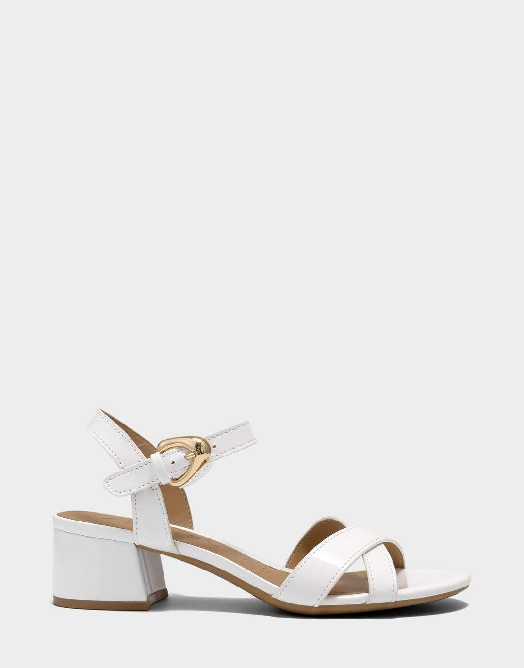 Comfortable Women's Low Heeled Sandal in White Faux Patent Side View