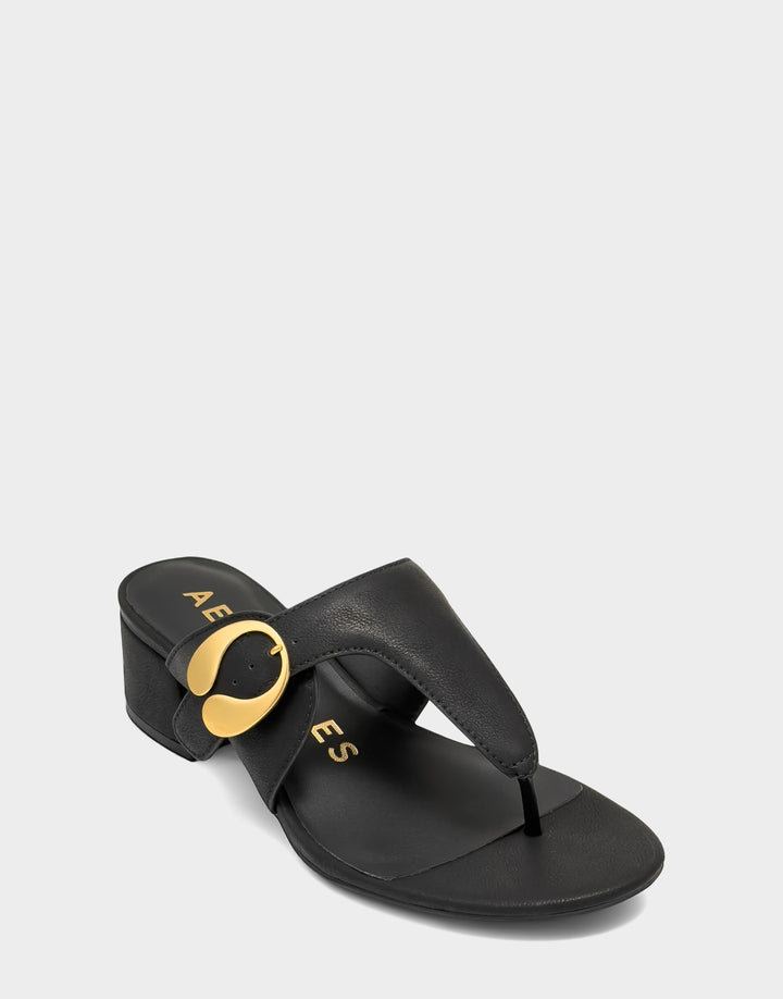Comfortable Women's Heeled Sandal in Black Faux Calf Side Angle View