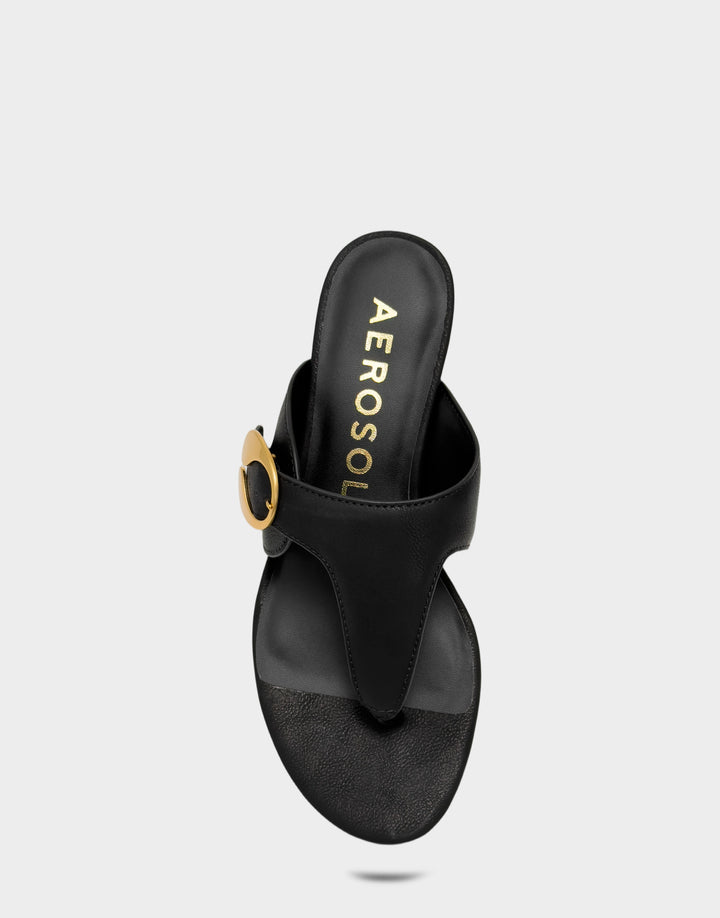 Comfortable Women's Heeled Sandal in Black Faux Calf Full Front View