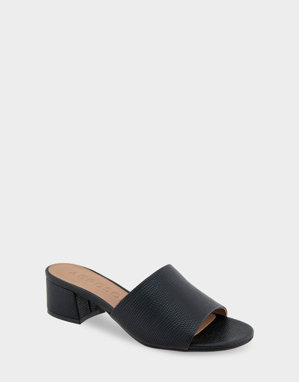 Comfortable Women's Slide Sandals in Black Lizard Embossed Faux Leather Side Angle View