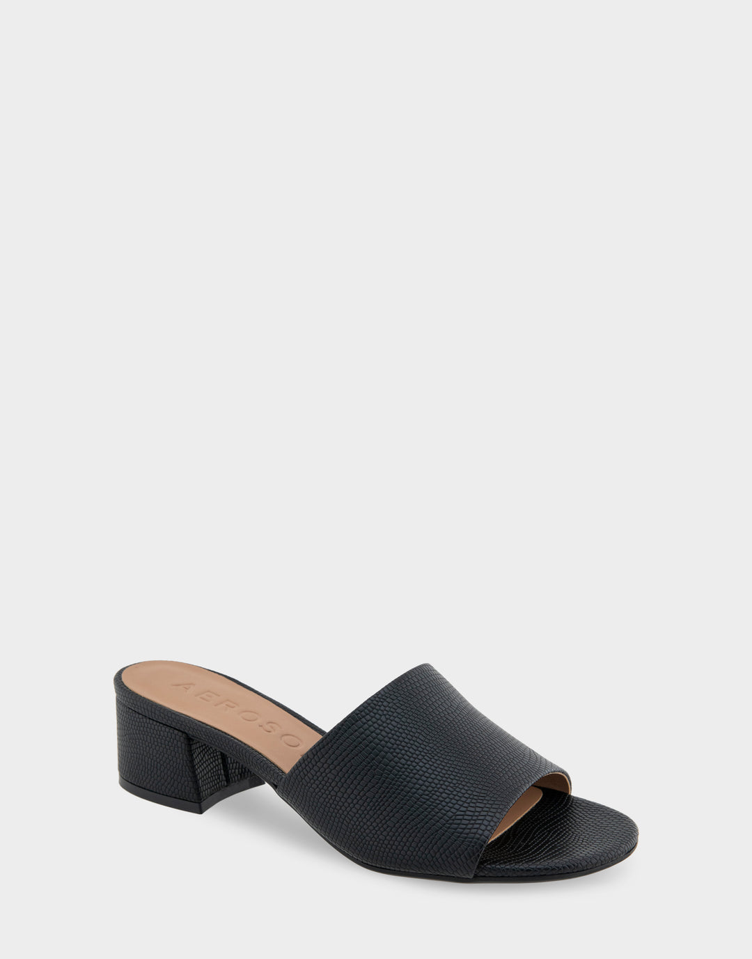 Comfortable Women's Slide Sandals in Black Lizard Embossed Faux Leather Side Angle View