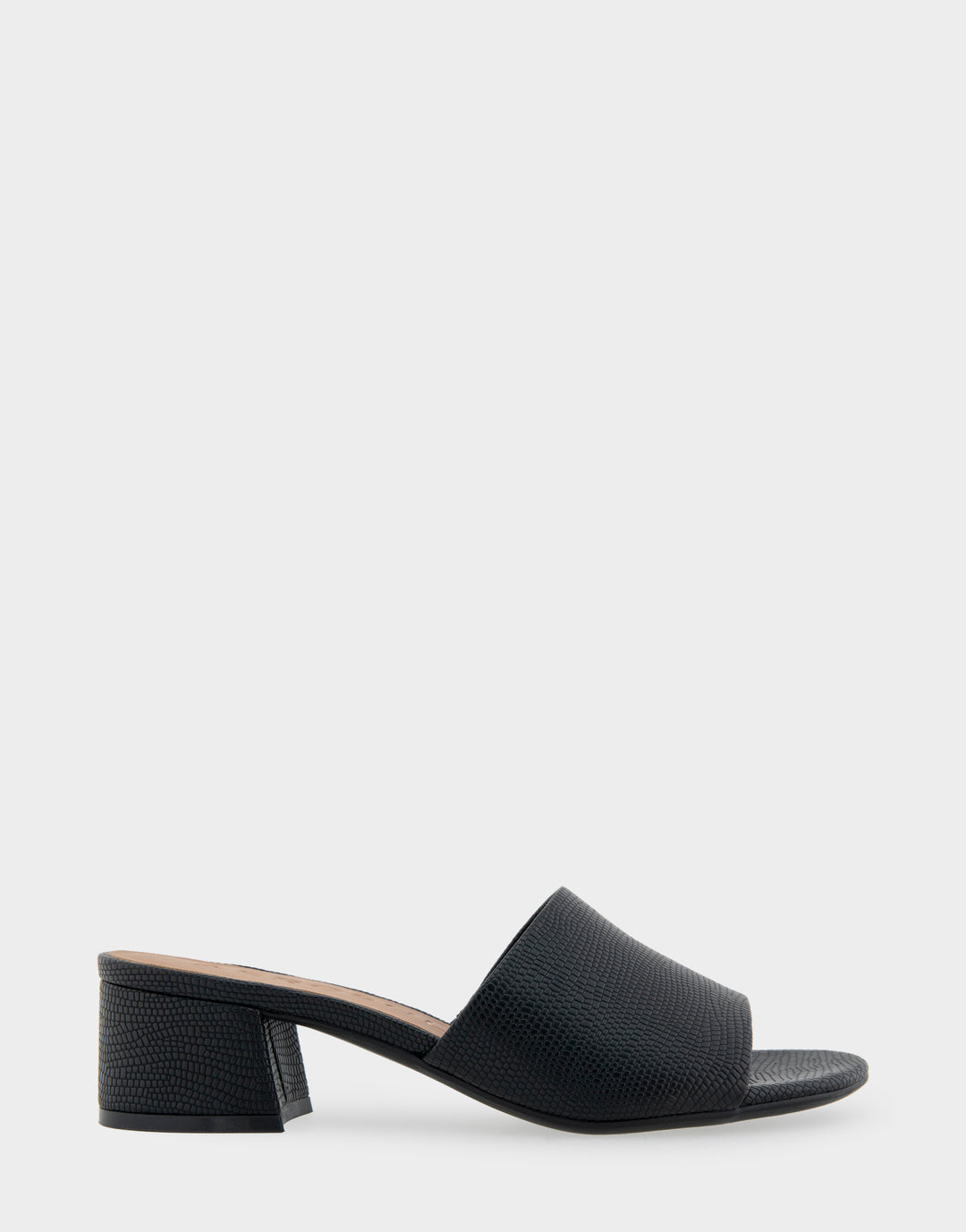 Comfortable Women's Slide Sandals in Black Lizard Embossed Faux Leather Side View