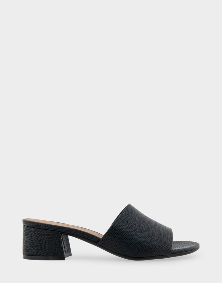 Comfortable Women's Slide Sandals in Black Lizard Embossed Faux Leather Side View