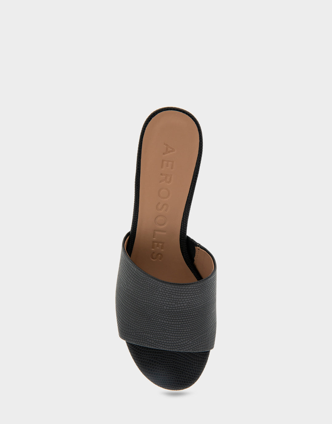 Comfortable Women's Slide Sandals in Black Lizard Embossed Faux Leather Full Front View