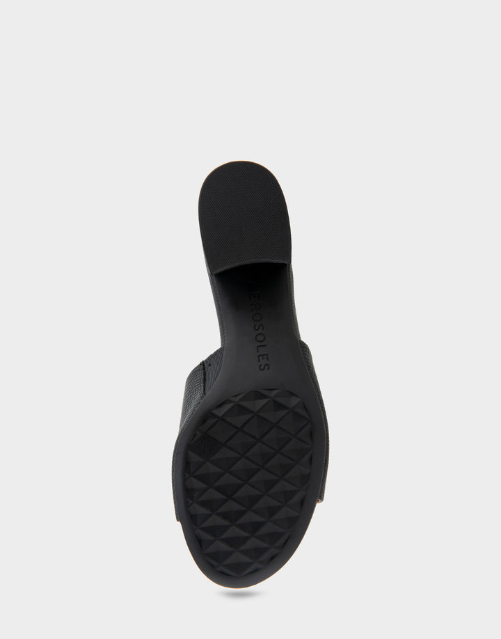 Comfortable Women's Slide Sandals in Black Lizard Embossed Faux Leather Bottom View