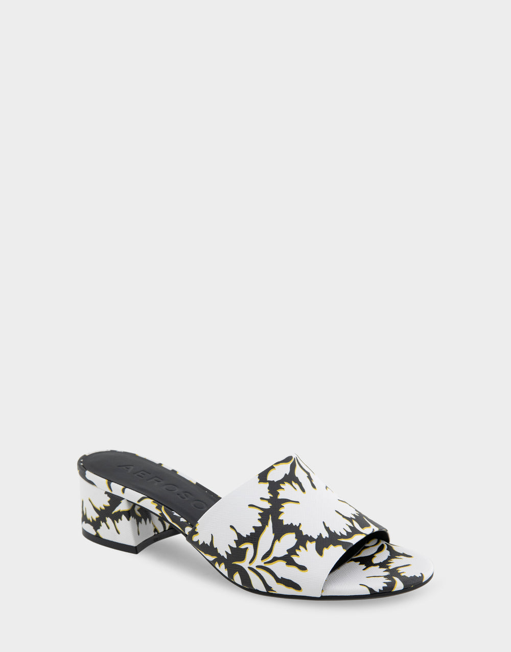 Comfortable Women's Heeled Sandal in White/black Printed Floral Faux Leather Side Angle View