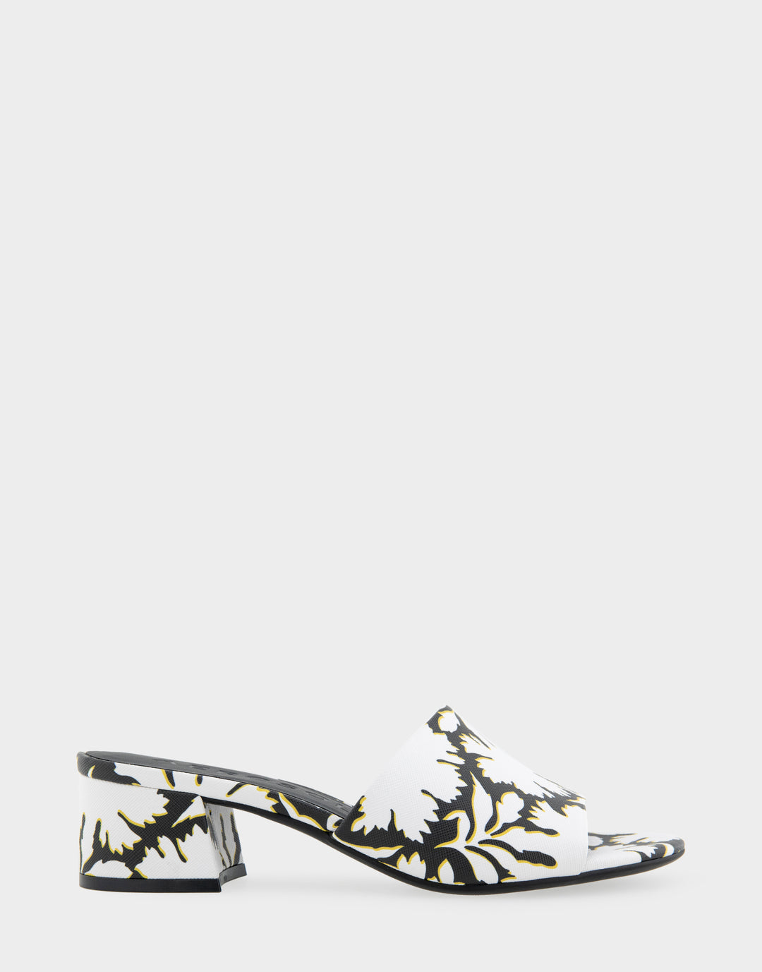Comfortable Women's Heeled Sandal in White/black Printed Floral Faux Leather Side View
