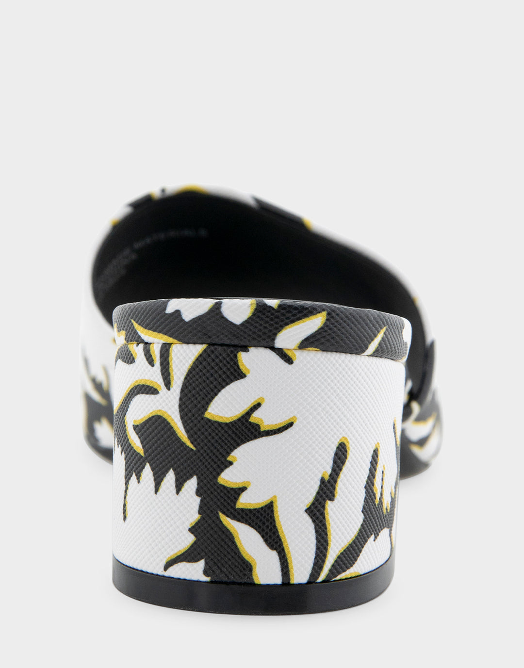 Comfortable Women's Heeled Sandal in White/black Printed Floral Faux Leather Back View