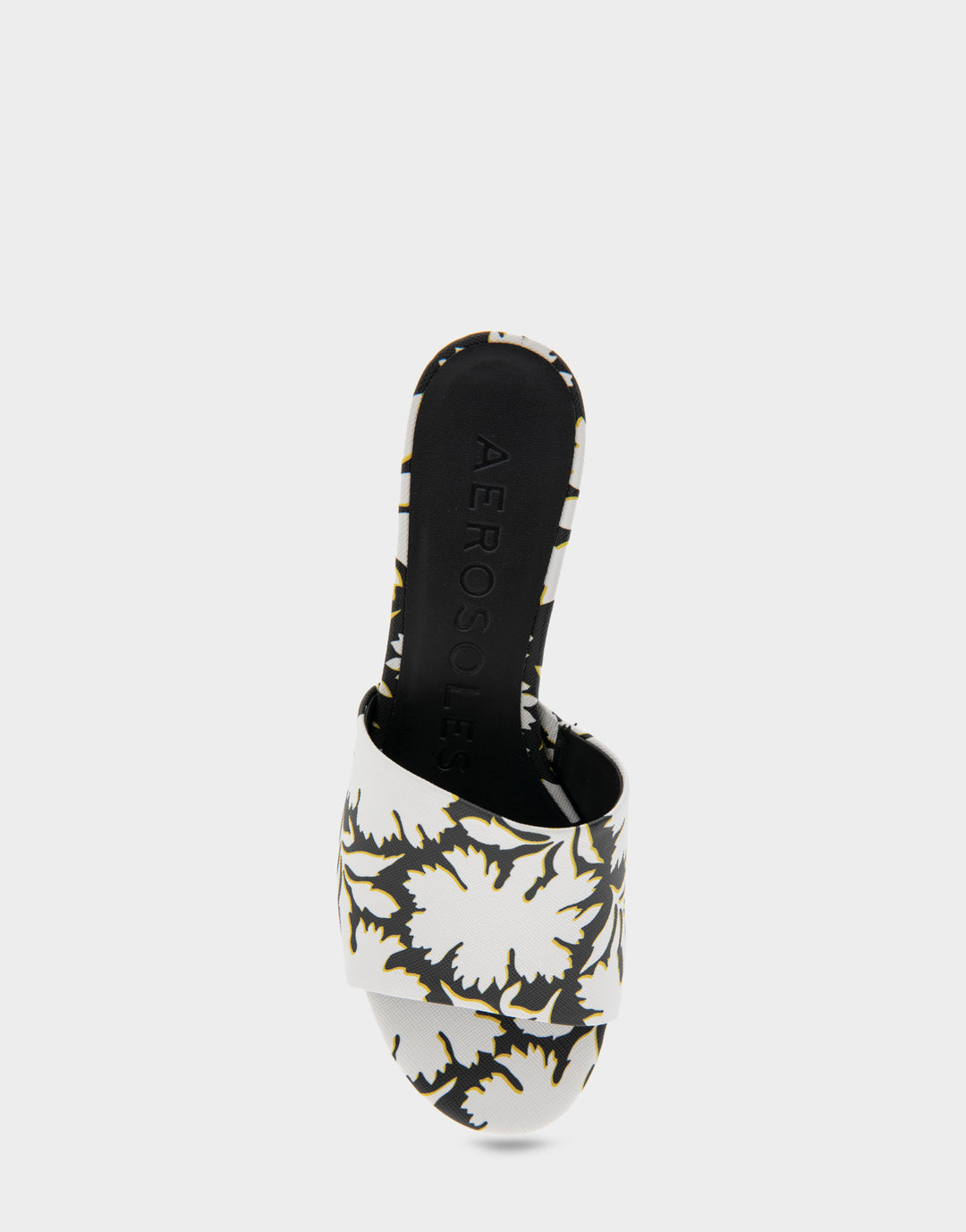 Comfortable Women's Heeled Sandal in White/black Printed Floral Faux Leather Full Front View