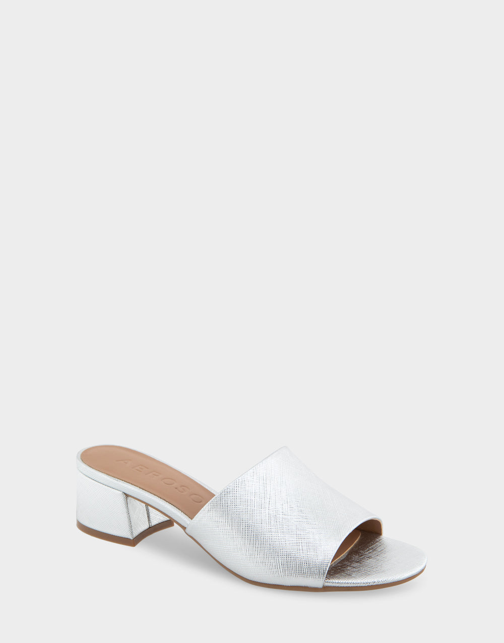 Comfortable Women's Heeled Sandal in Silver Metallic Textured Faux Leather Side Angle View
