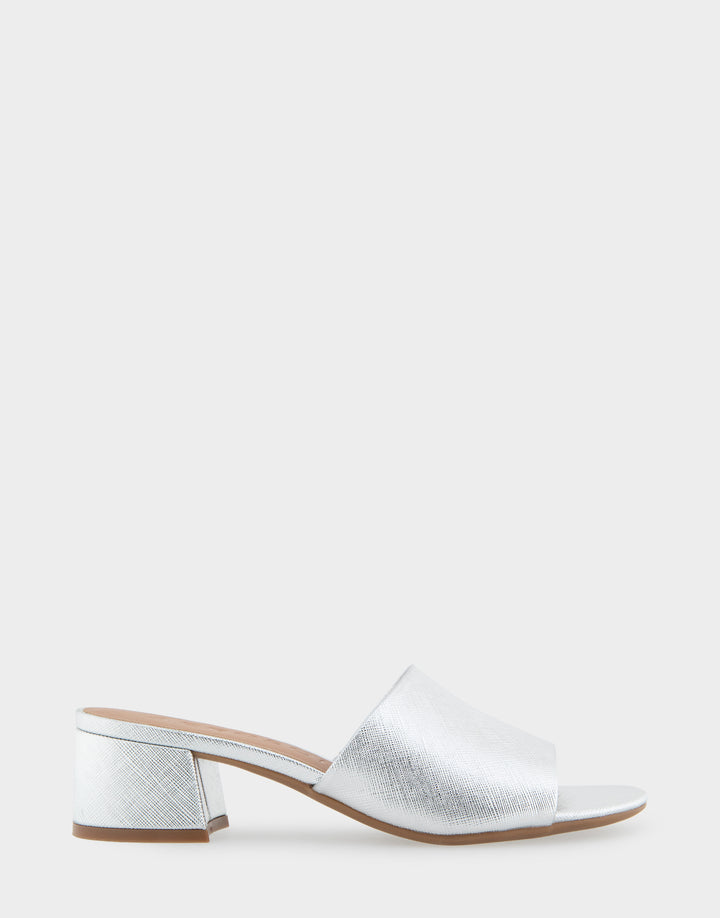 Comfortable Women's Heeled Sandal in Silver Metallic Textured Faux Leather Side View