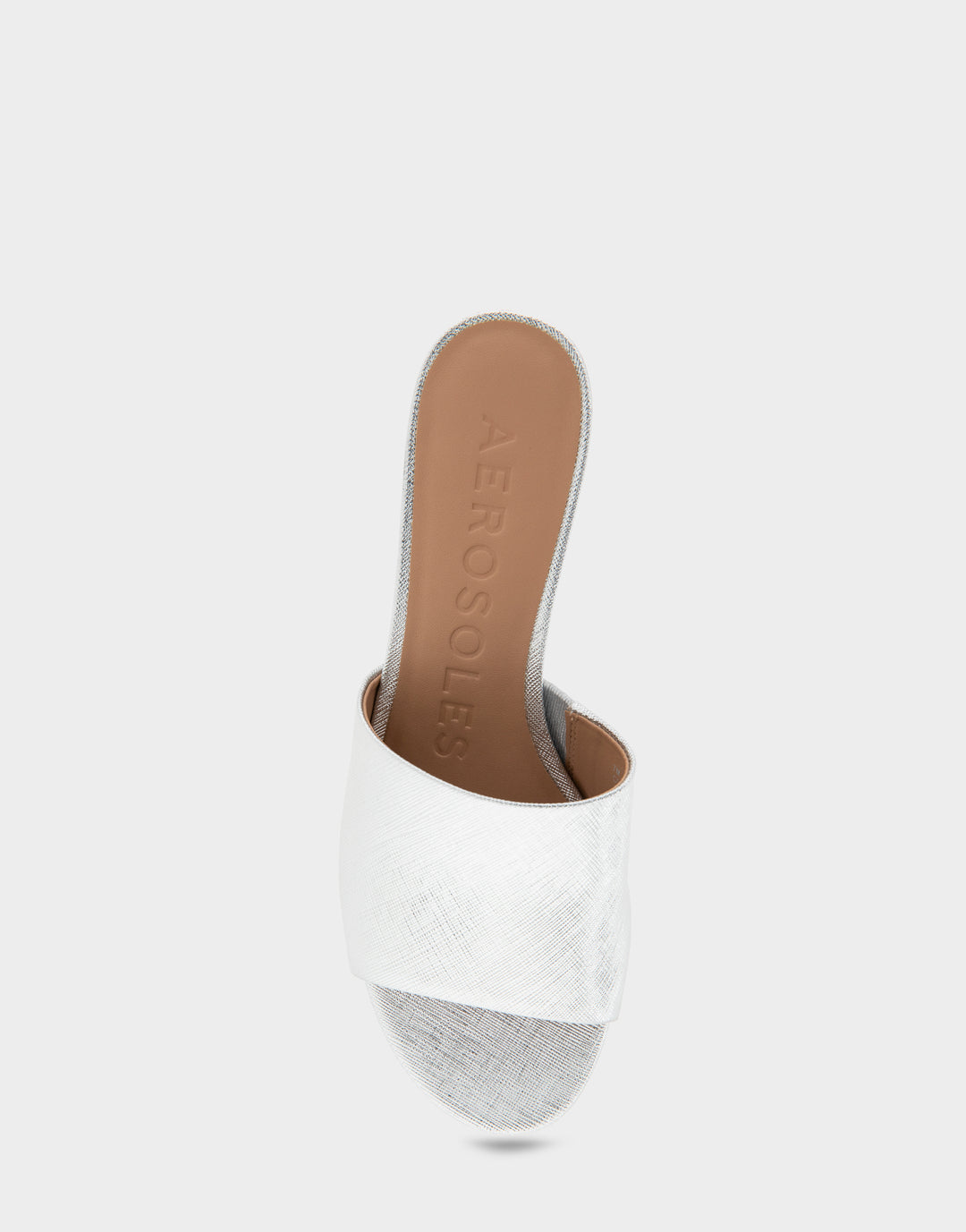 Comfortable Women's Heeled Sandal in Silver Metallic Textured Faux Leather Full Front View