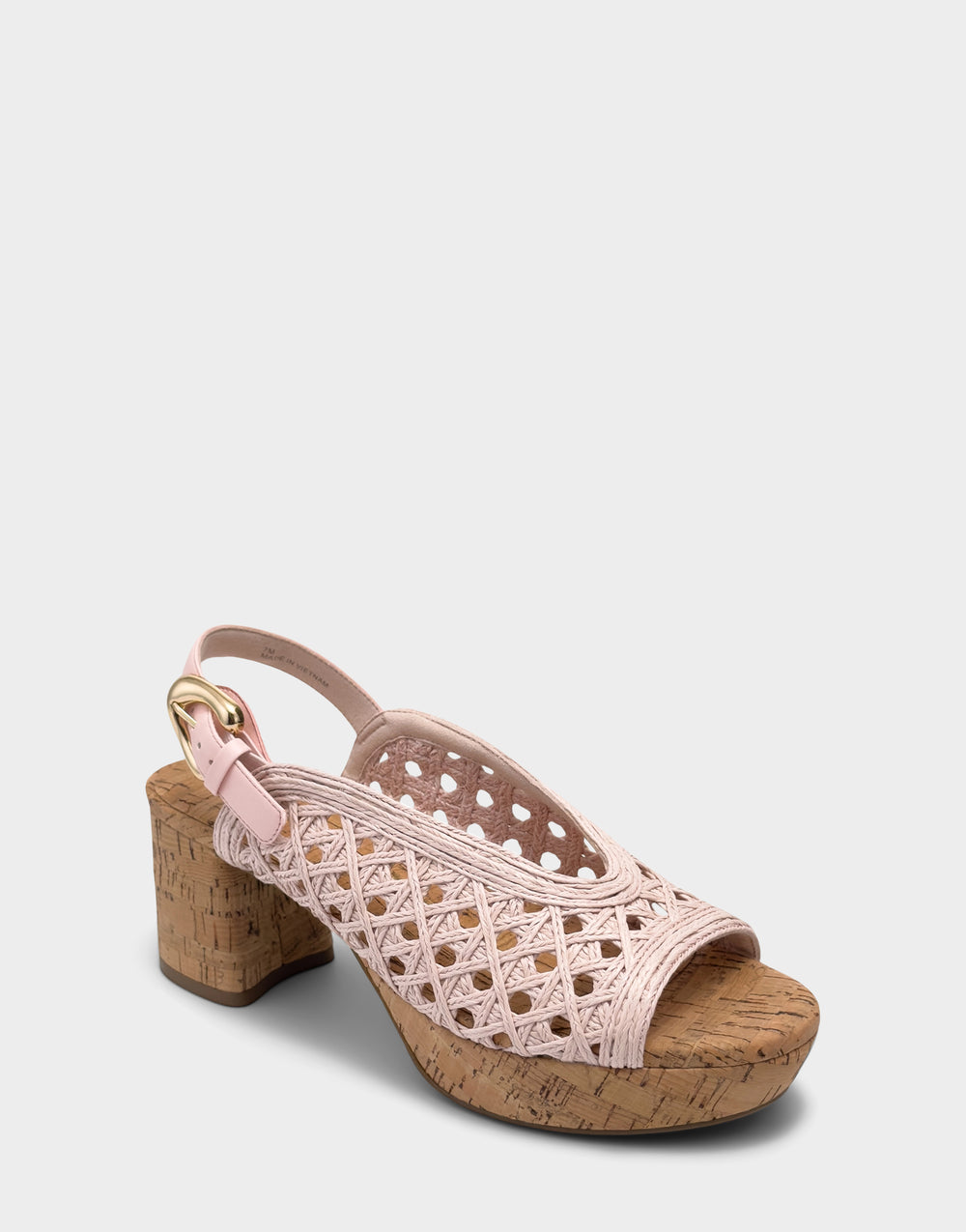 Comfortable Women's Platform Sandals in Natural/tan Embroidered Raffia Raffia Fabric Side Angle View