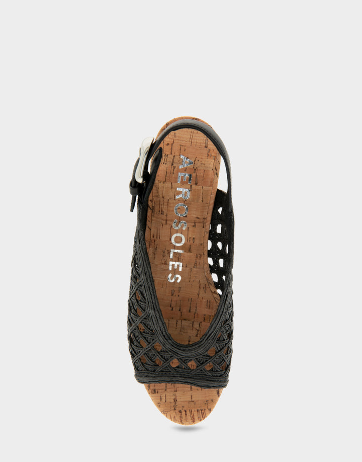 Comfortable Women's Platform Sandals in Black Embroidered Raffia Fabric Full Front View