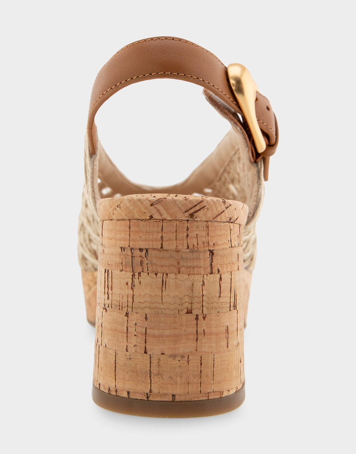 Comfortable Women's Platform Sandals in Natural/tan Embroidered Raffia Raffia Fabric Back View