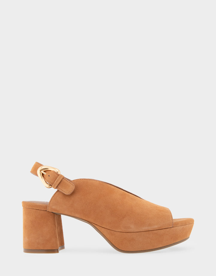 Comfortable Women's Peep Toe Platform Sandal in Tan Suede Side View