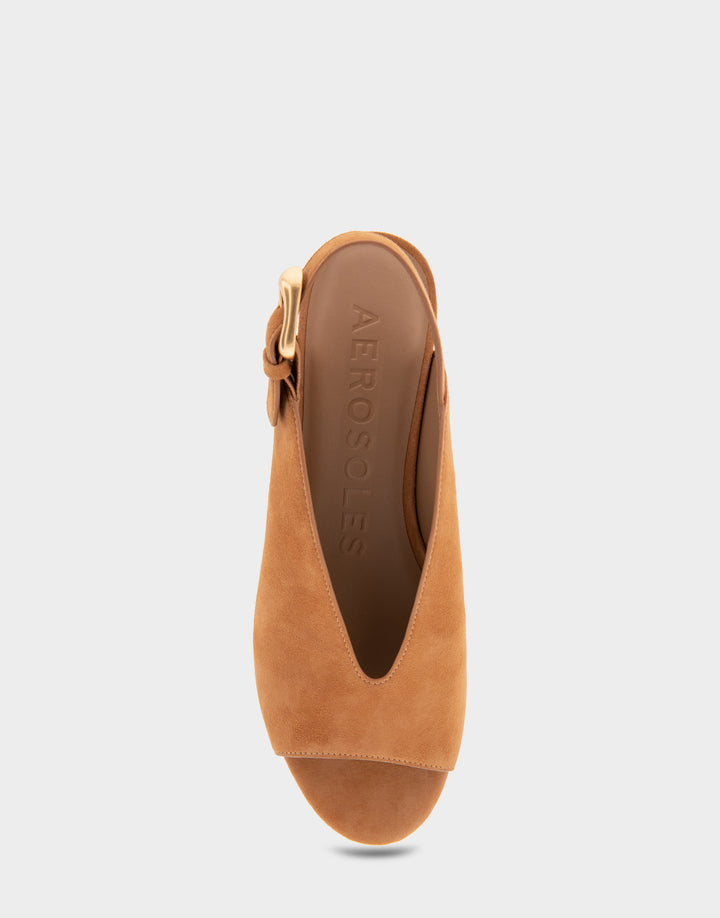 Comfortable Women's Peep Toe Platform Sandal in Tan Suede Full Front View