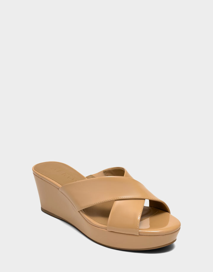 Comfortable Women's Wedge Sandal in Beige Bisque Faux Patent Side Angle View