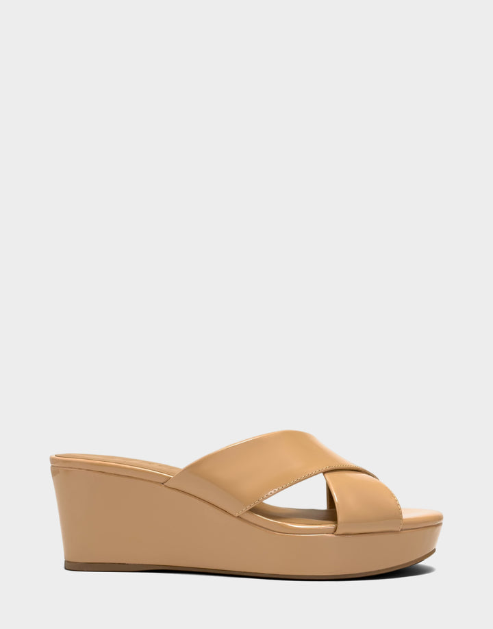 Comfortable Women's Wedge Sandal in Beige Bisque Faux Patent Side View