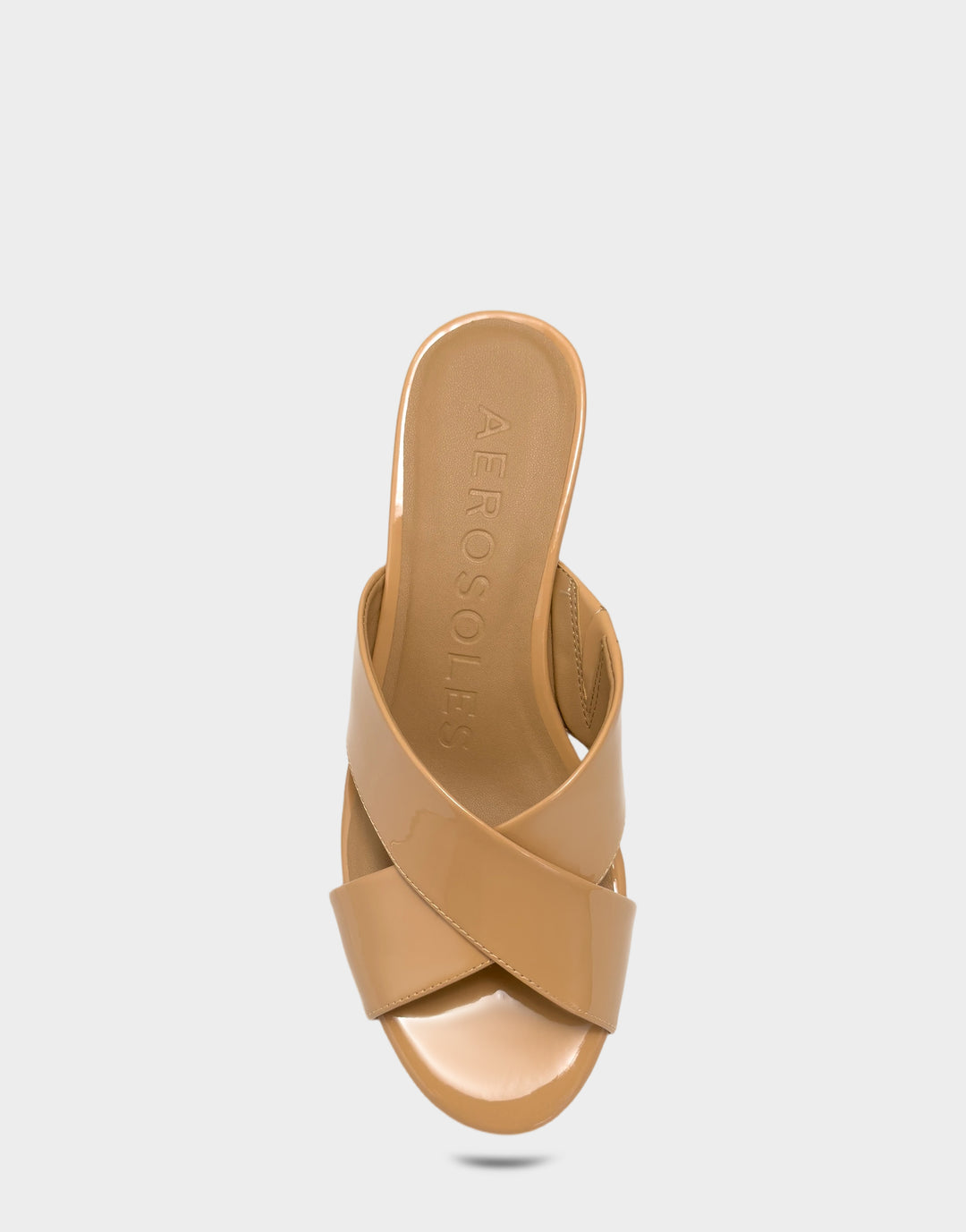 Comfortable Women's Wedge Sandal in Beige Bisque Faux Patent Full Front View