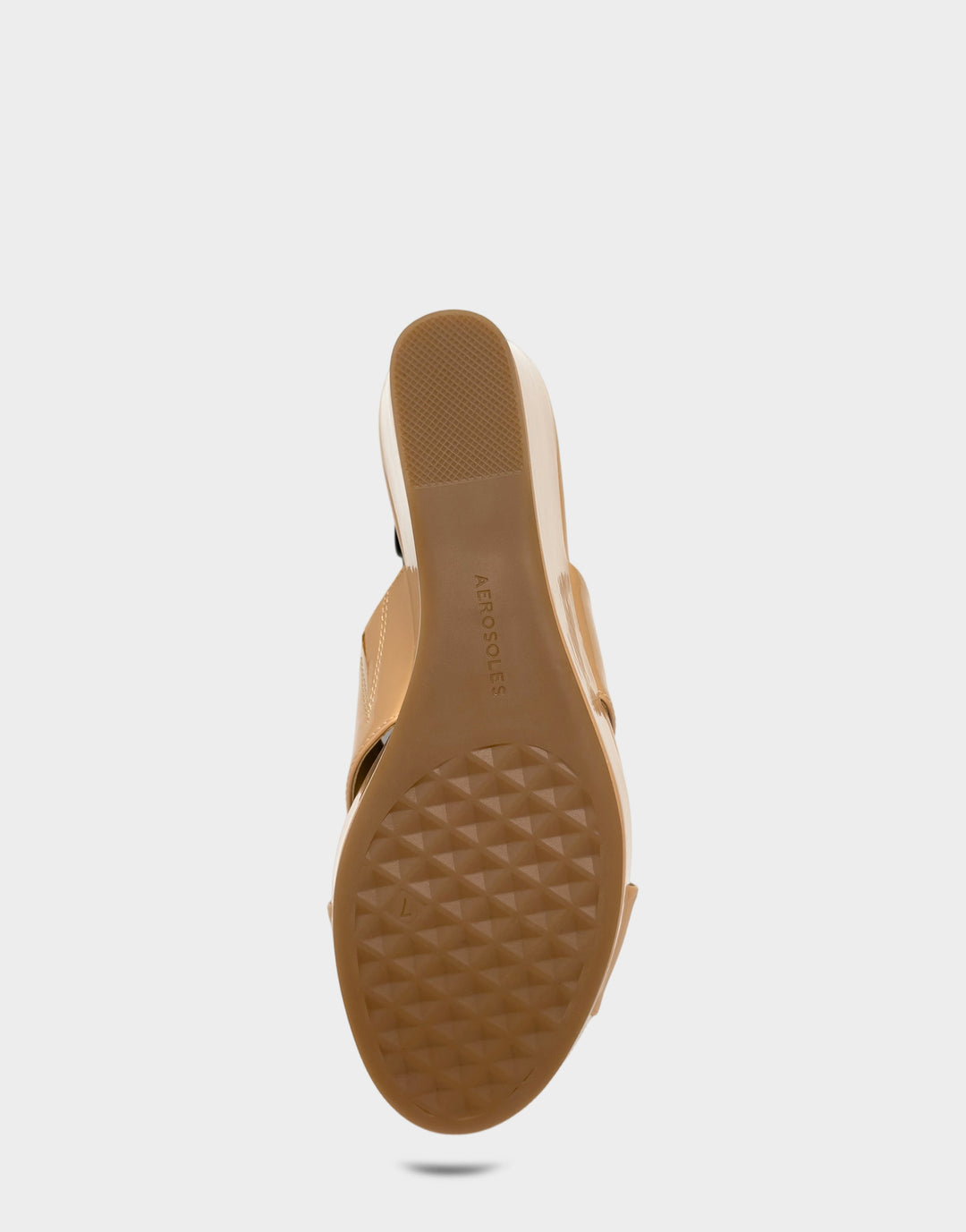 Comfortable Women's Wedge Sandal in Beige Bisque Faux Patent Bottom View