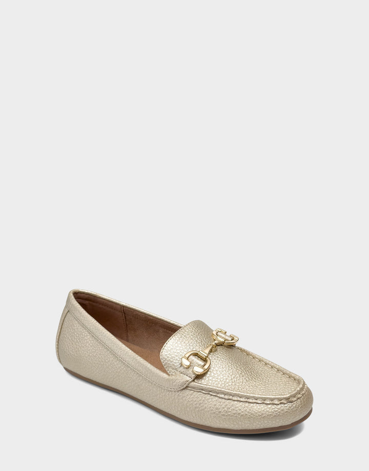 Comfortable Women's Casual Loafer in Metallic Faux Leather Side Angle View