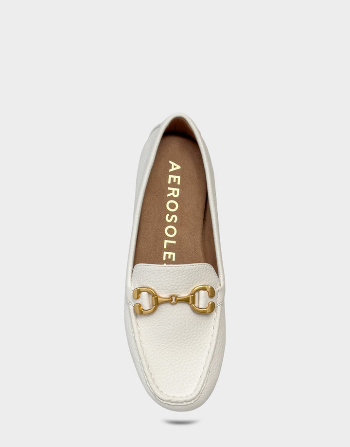 Comfortable Women's Casual Loafer in White Faux Pebbled Leather Full Front View