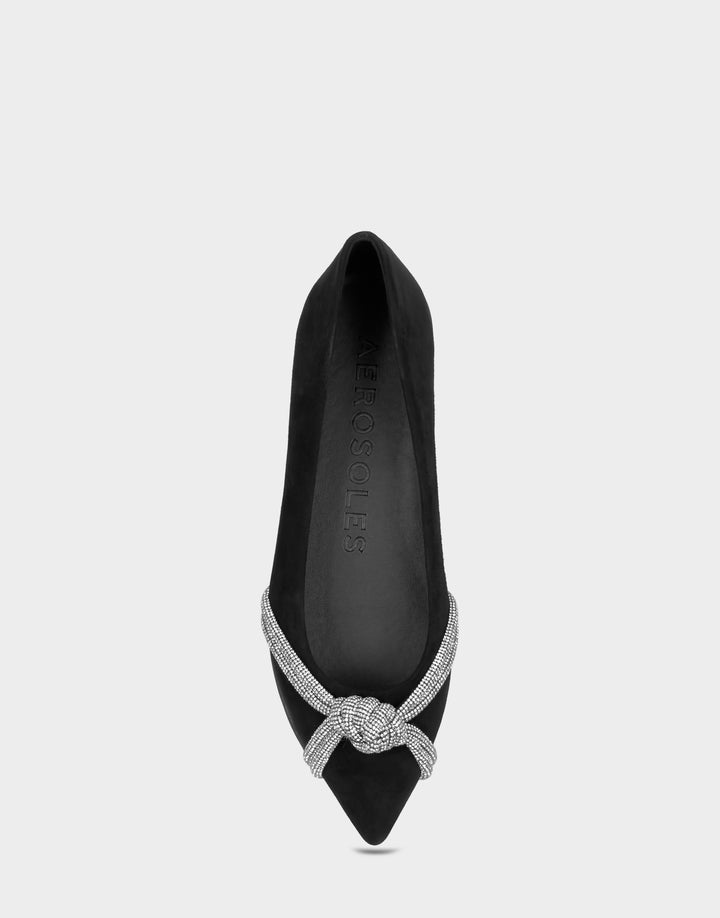 Comfortable Women's Dress Flat In Black Suede Full Front View